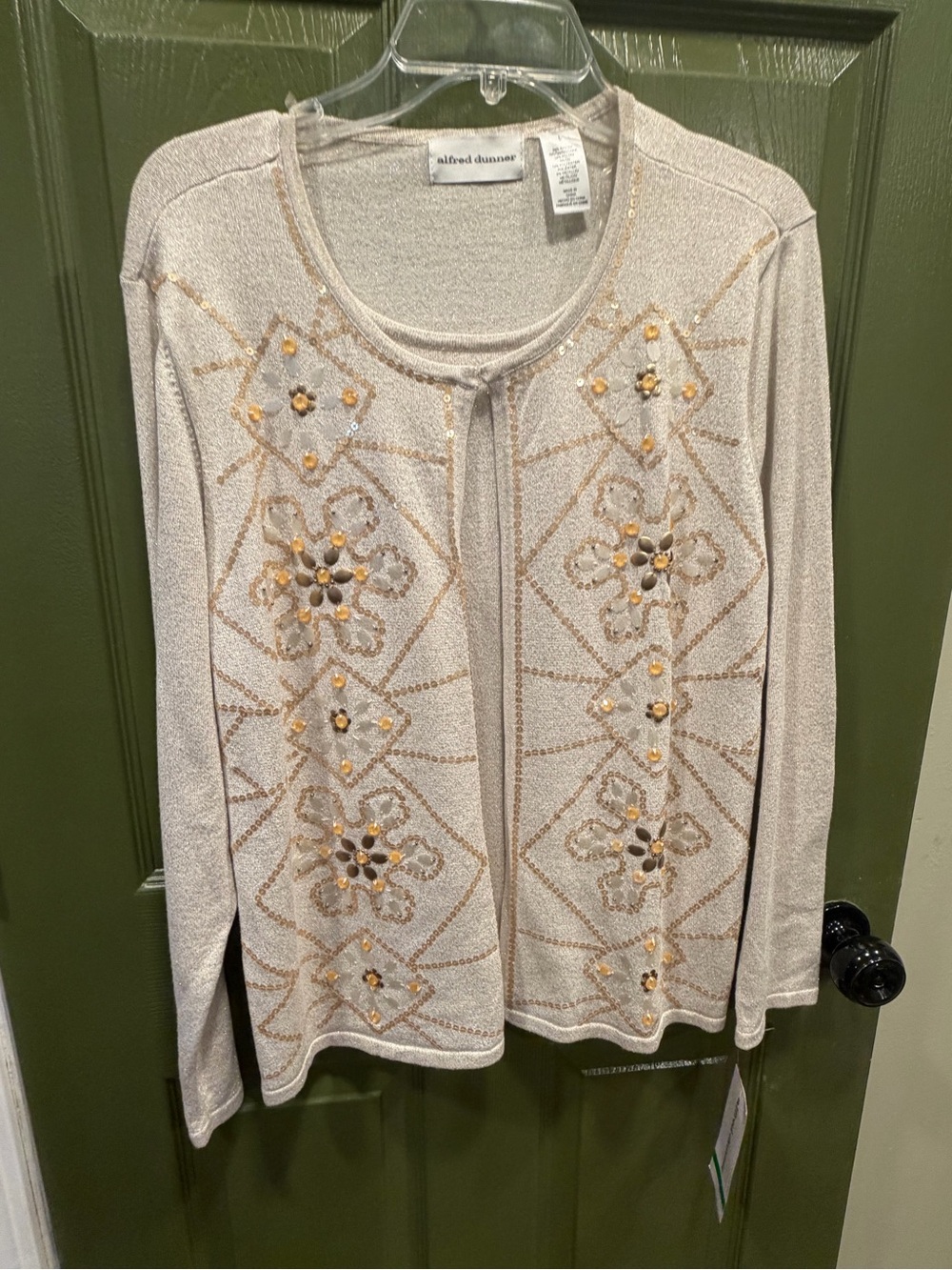 Alfred Dunner Cream Beaded Embellished Open-Front Cardigan